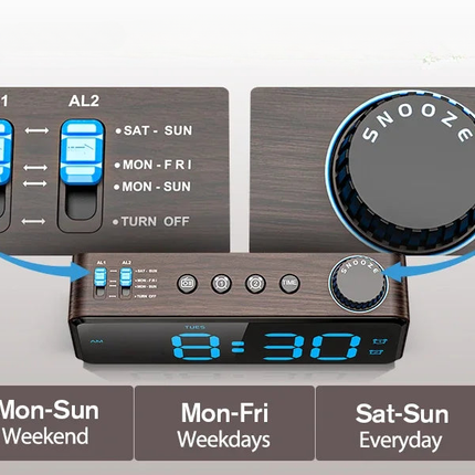 Puukuvioinen digitaalinen kelloradio isolla näytöllä