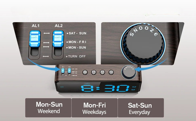 Puukuvioinen digitaalinen kelloradio isolla näytöllä