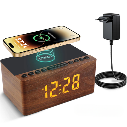 Puinen kelloradio langattomalla latauksella