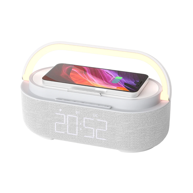 Kelloradio langattomalla laturilla ja valolla