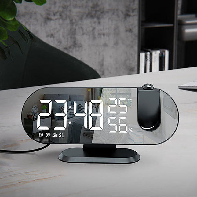 Kelloradio projektorilla ja peilinäytöllä