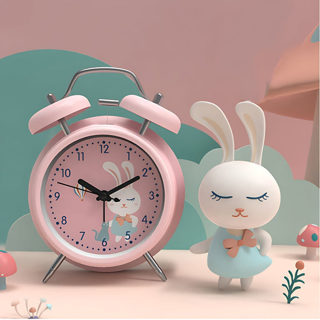 Vaaleanpunainen herätyskello lapsille tuplakelloilla