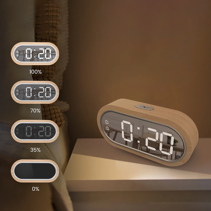 Puinen LED-herätyskello peilipinnalla