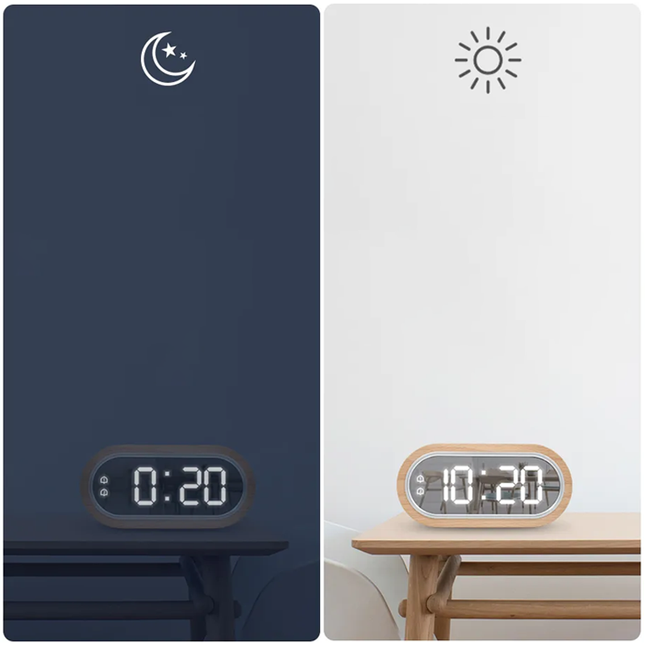 Puinen LED-herätyskello peilipinnalla