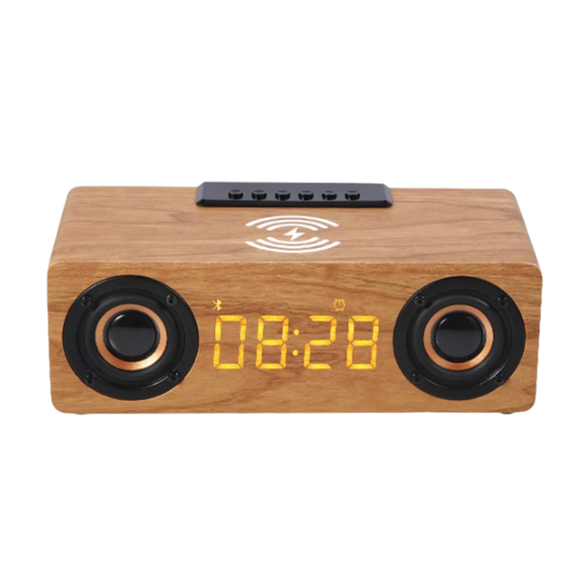 Puinen Bluetooth-kaiutin kelloradiolla