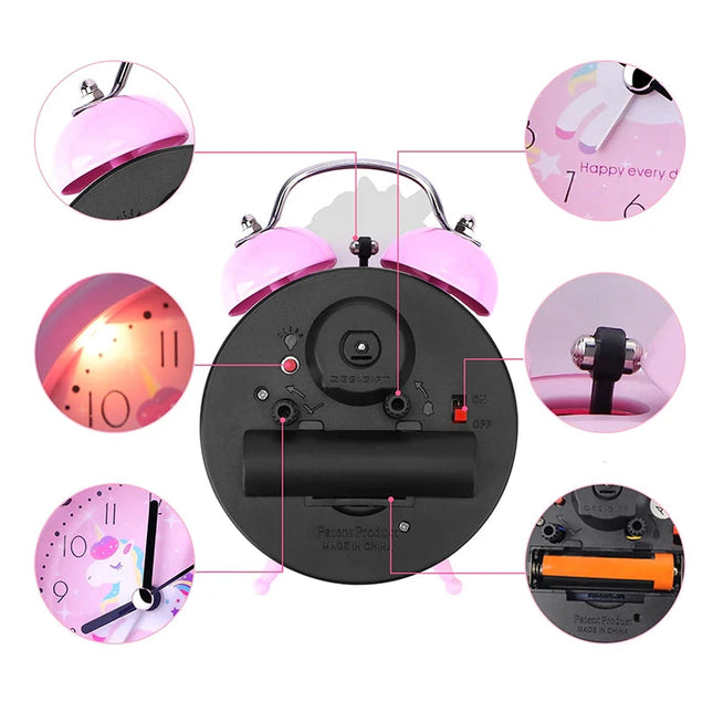 Valaiseva yksisarvinen herätyskello tytön huoneeseen