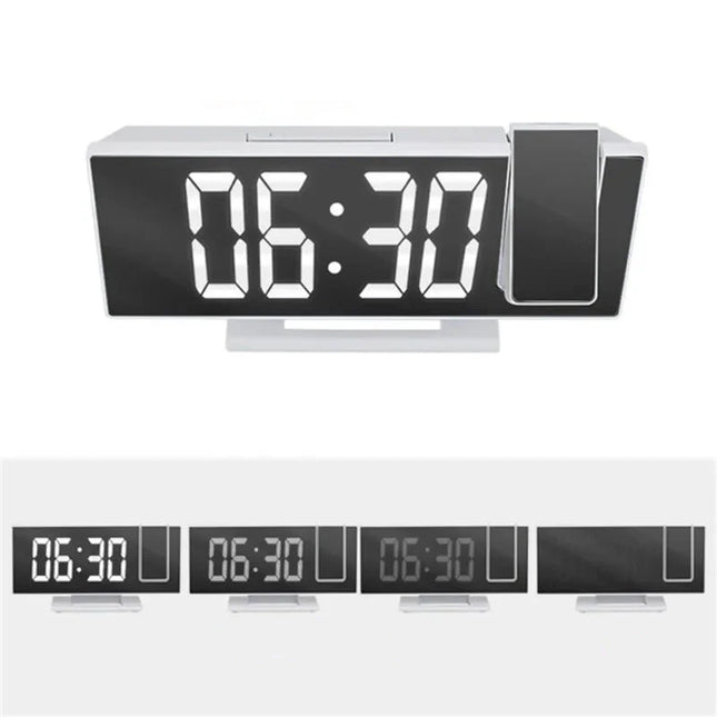 Valkoinen digitaalinen projektoriherätyskello peilinäytöllä
