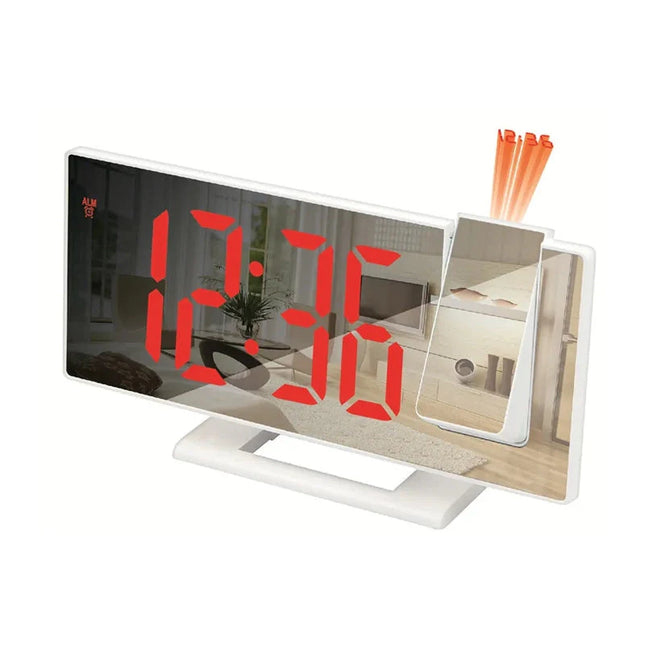 Valkoinen digitaalinen projektoriherätyskello peilinäytöllä