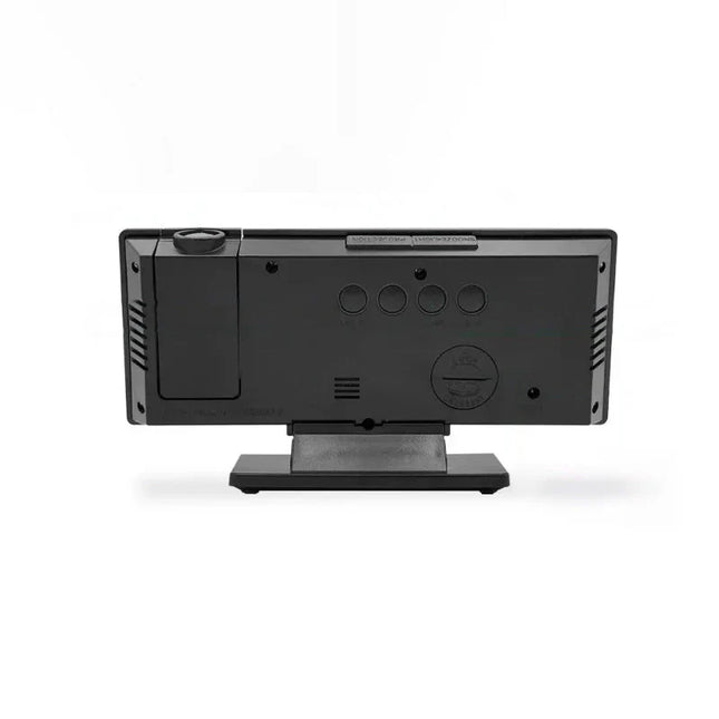 Musta digitaalinen projektoriherätyskello peilinäytöllä