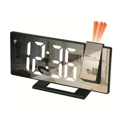 Musta digitaalinen projektoriherätyskello peilinäytöllä