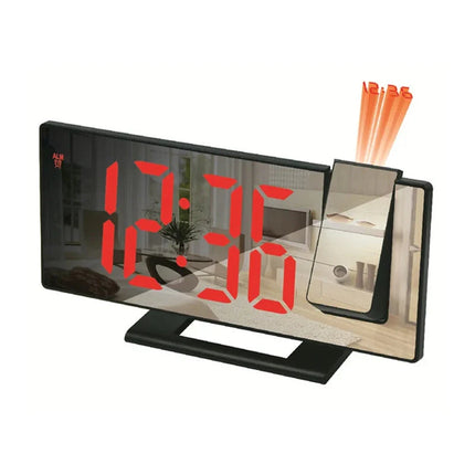 Musta digitaalinen projektoriherätyskello peilinäytöllä