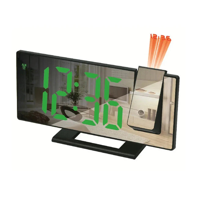 Musta digitaalinen projektoriherätyskello peilinäytöllä