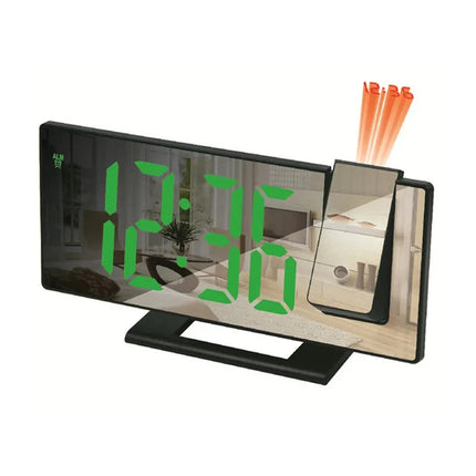 Musta digitaalinen projektoriherätyskello peilinäytöllä